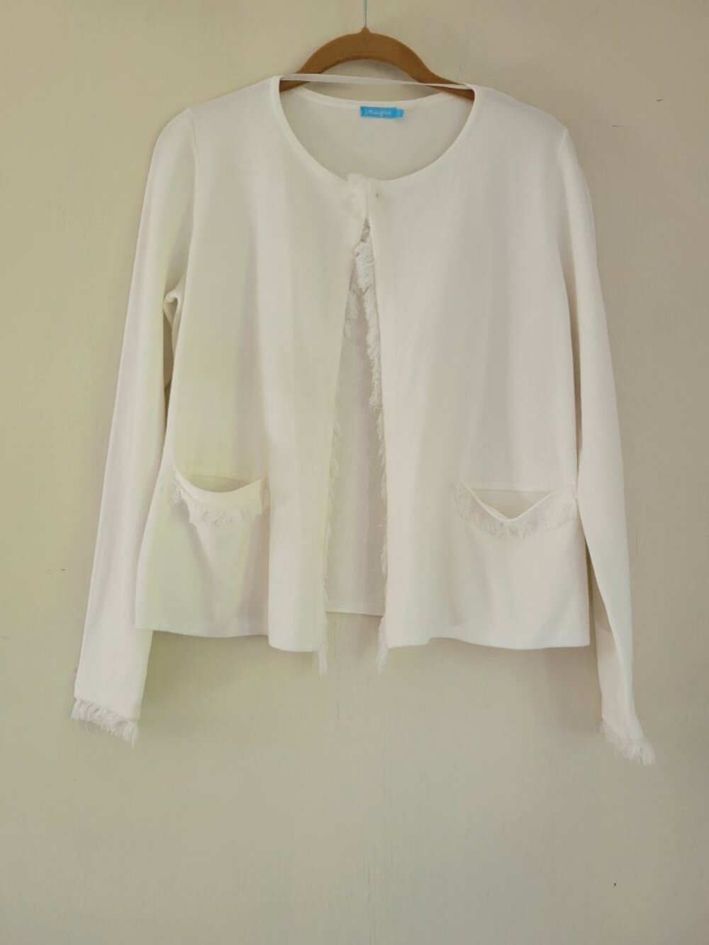 J. McLaughlin Cotton Fringe Open Front Cardigan Ivory White Coastal Quiet Luxury - Picture 12 of 13